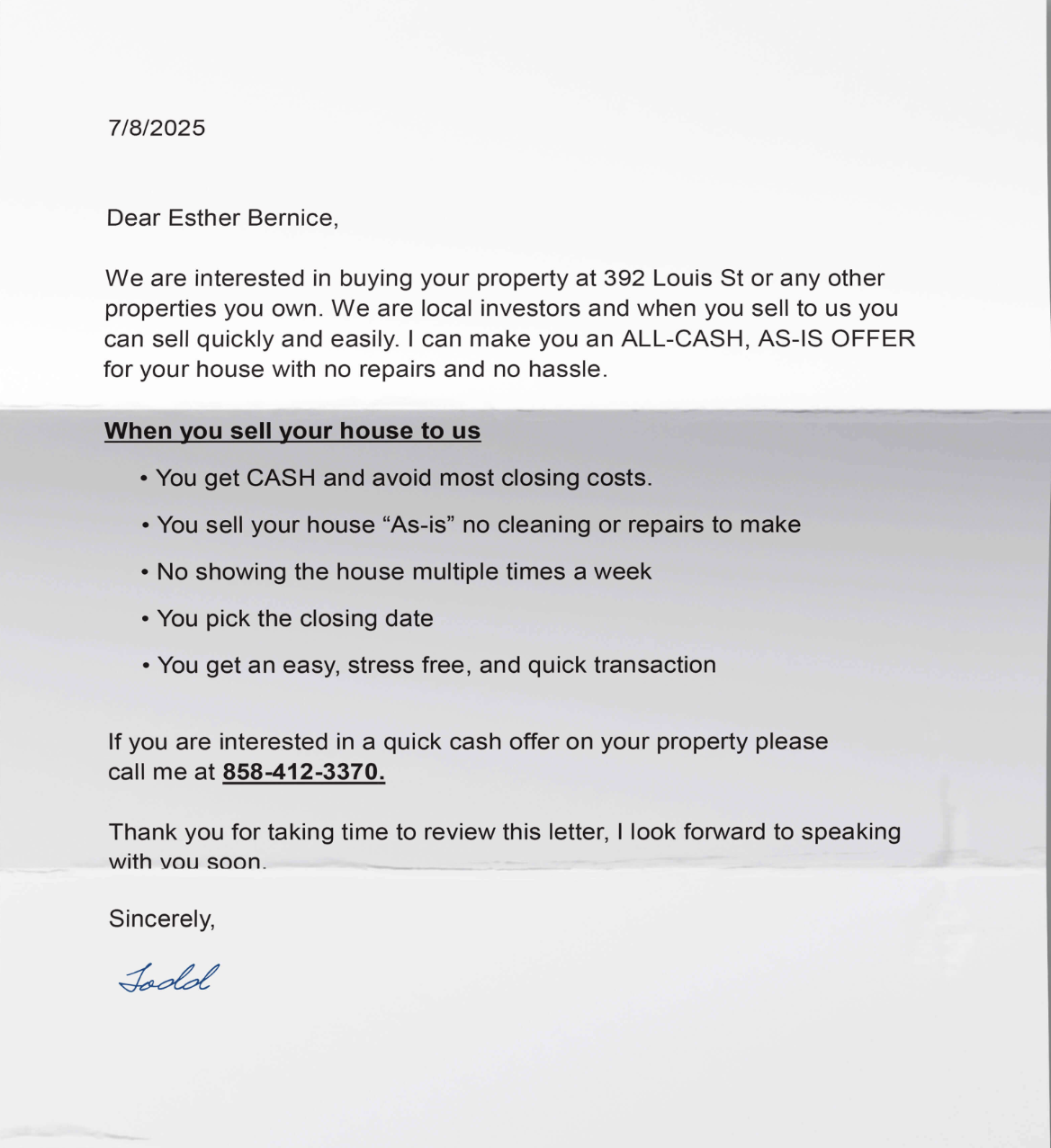 Handwritten letter sample 1