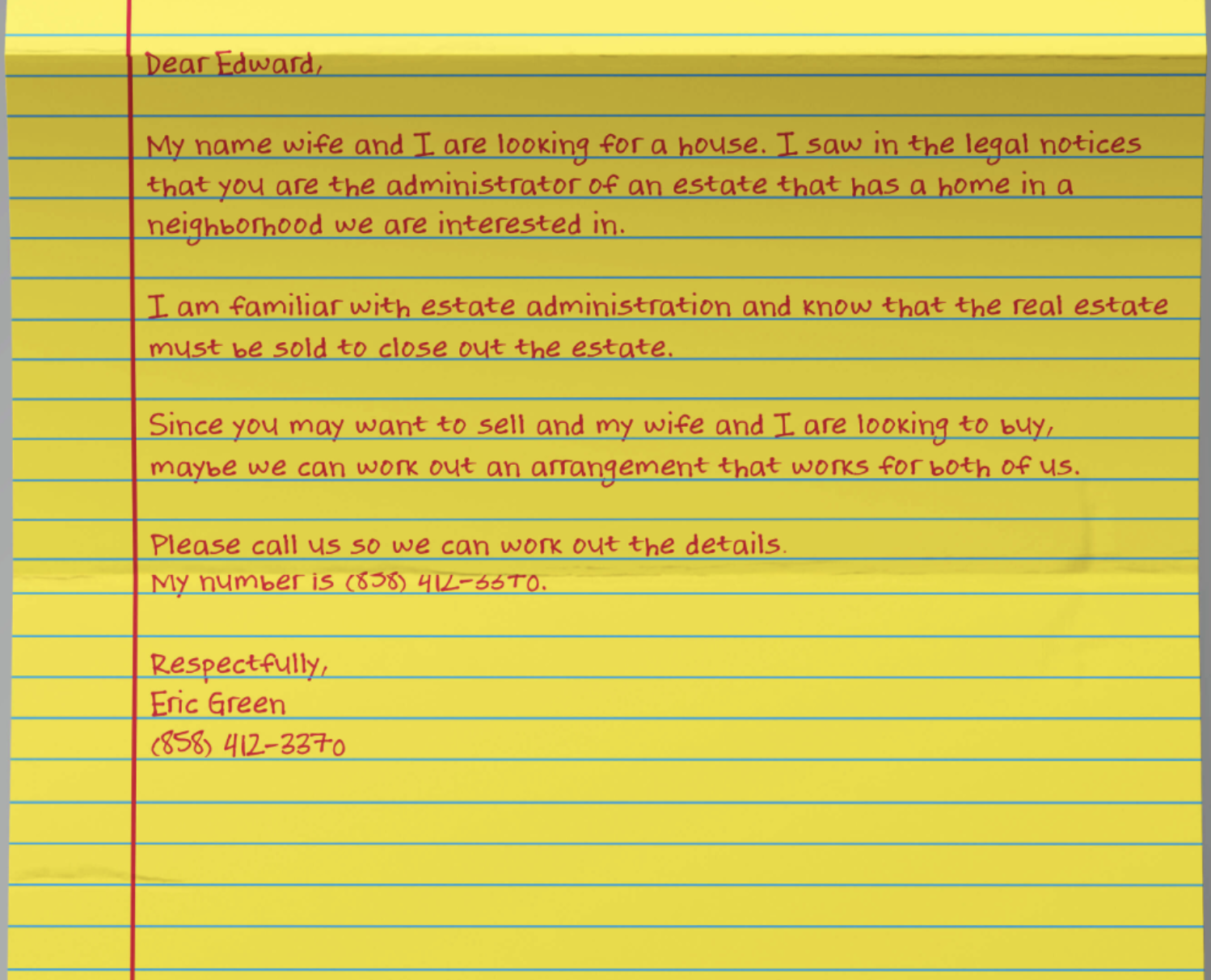 Handwritten yellow legal-pad letter sample 1